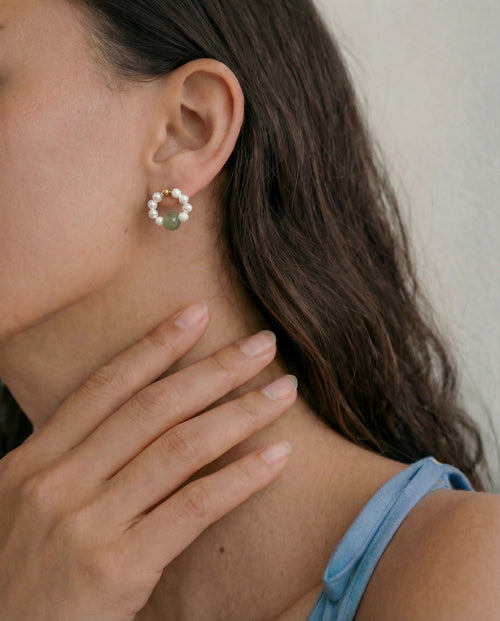 Beaded Pearl Jade Hoop Earrings