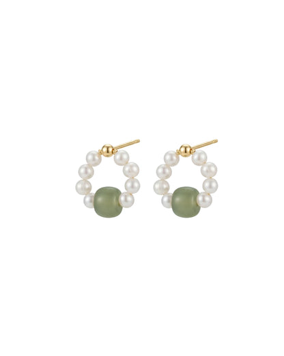 Beaded Pearl Jade Hoop Earrings