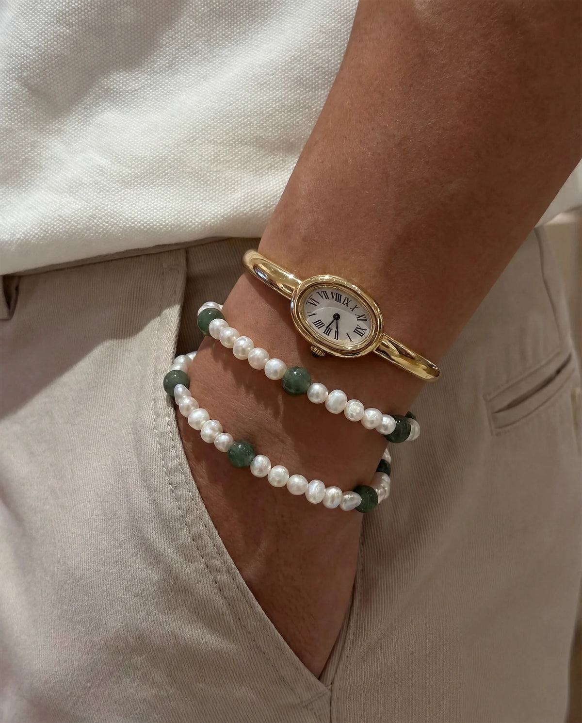 Freshwater Pearl and Green Jade Bracelet