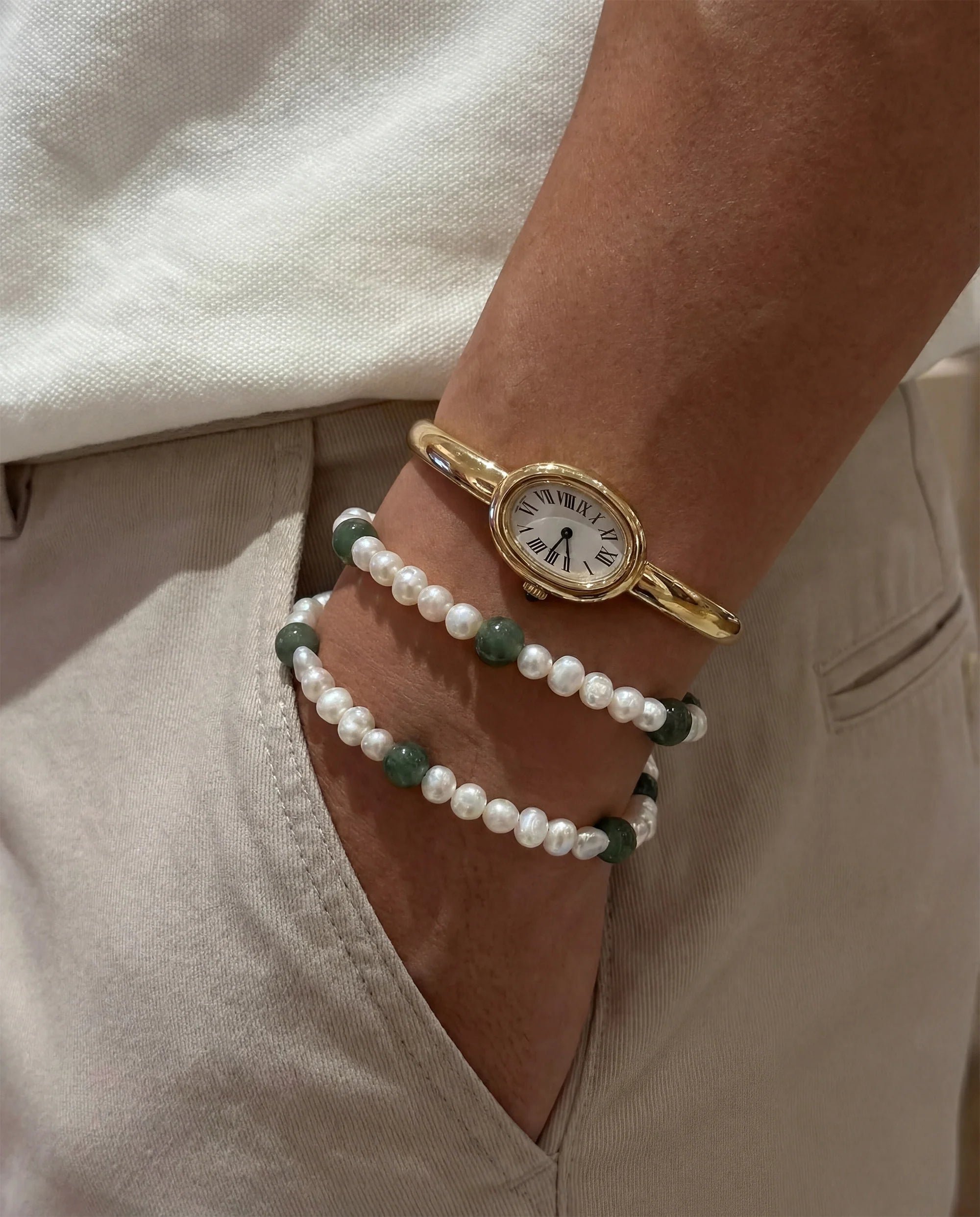 Freshwater Pearl and Green Jade Bracelet