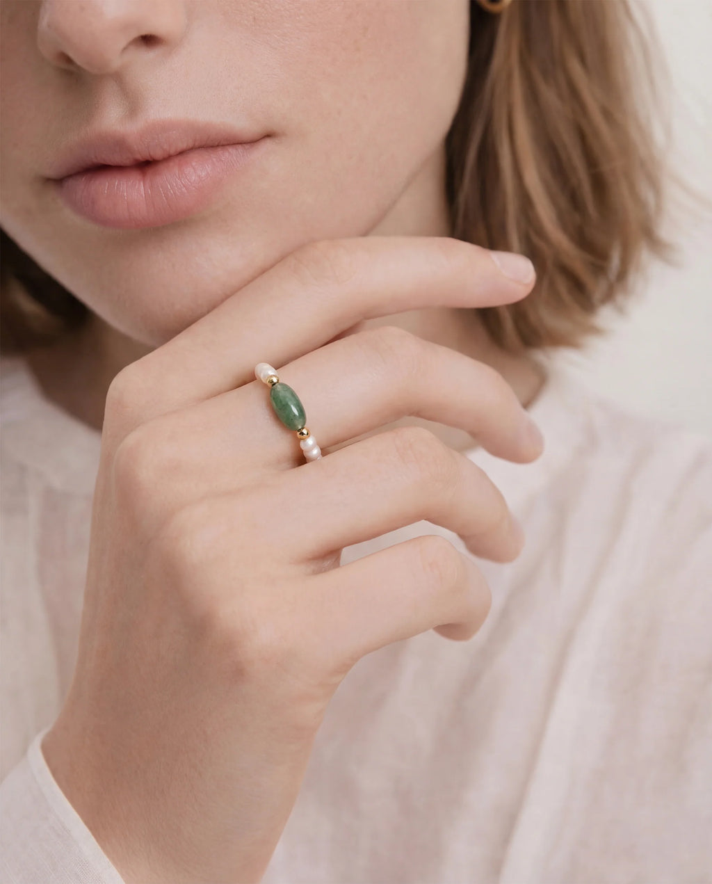 Jade and Beaded Pearl Stretch Ring