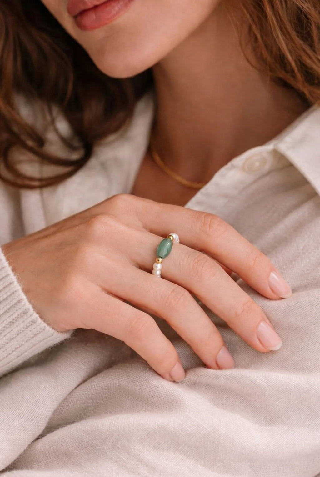 Jade and Beaded Pearl Stretch Ring