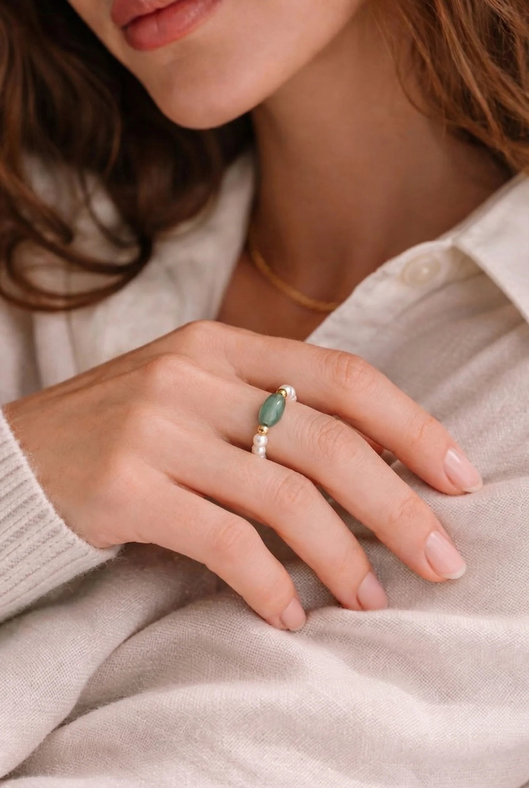 Jade and Beaded Pearl Stretch Ring